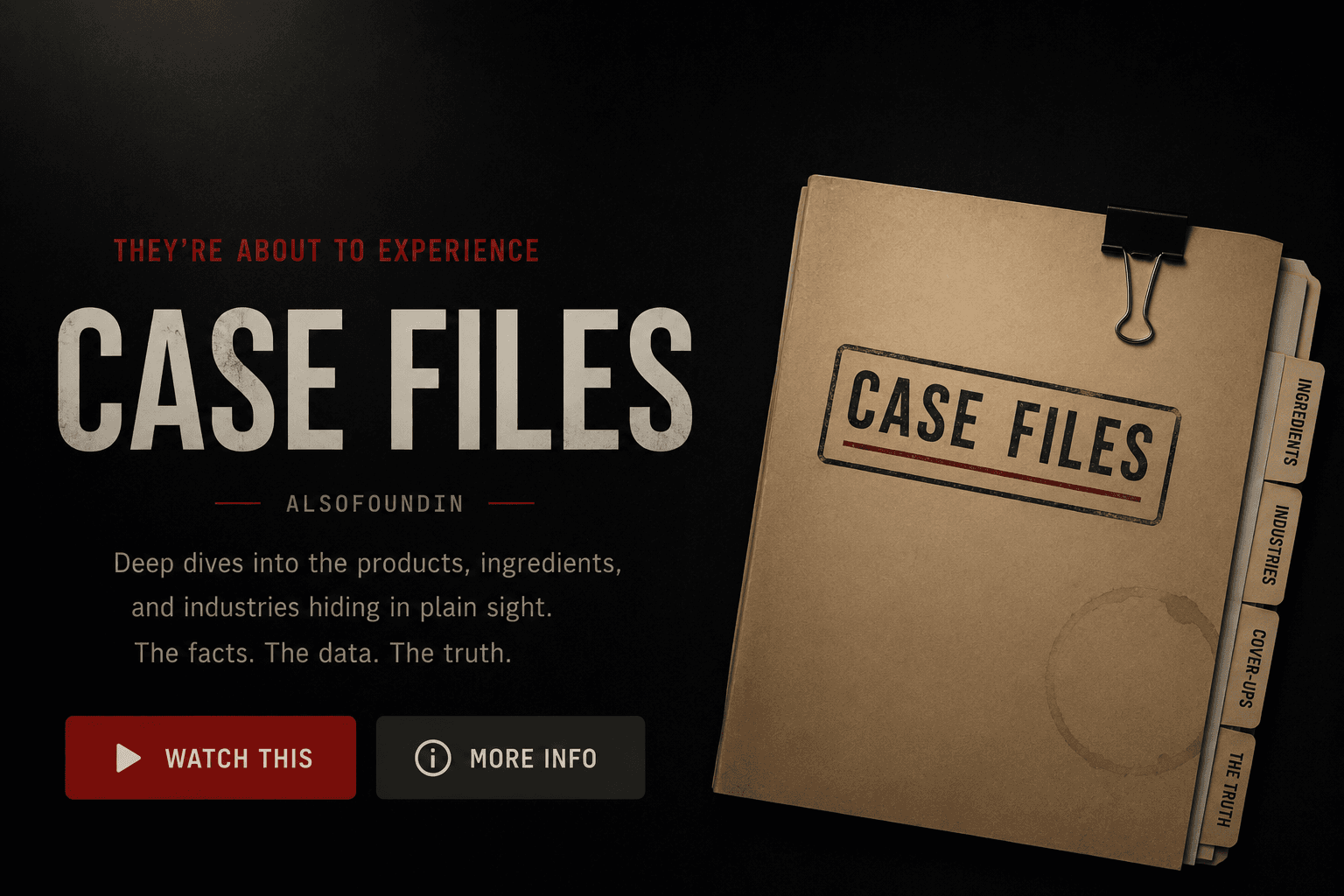 Case Files collection banner — Investigative reports, consumer deep-dives, hidden industry practices, recalls, regulations, ingredients, water, food, health, and similar topics.