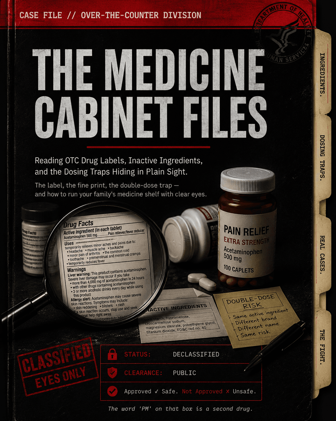 Ebook cover: The Medicine Cabinet Files: Reading OTC Drug Labels & Dosing Traps